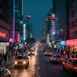 a neon lit - african urban street with flying vehicles,