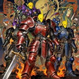 composition of gothic and futuristic, warhammer, cyber japan style armor, battle for blood on swords, more scars and fire, many mechflowers, yellow head, some purple and blue, the middle ages, highly detailed, artstation, in the style of moebius, jugendstil and classic japanese print, psychedelic, art by rene magritte
