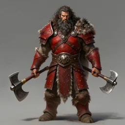 Barbarian Warrior, dual wielding axes, tall, long messy curly hair, long unkempt beard, wolf pelt, red armor, matte painting, trending in artstation, arstationhq, artstationhd, HD 8k