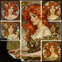 realistic detailed face portrait of a Redhaired Young Woman playing the Piano by Alphonse Mucha, Ayami Kojima, Amano, Charlie Bowater, Karol Bak, Greg Hildebrandt, Jean Delville, and Mark Brooks, Art Nouveau, Neo-Gothic, gothic, rich deep moody colors The seeds for each individual image are: [824803438, 834779519, 1786560639, 555400831, 3274589695, 1801446143, 3284479999, 2708519935, 1285445247]