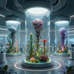 futuristic sci fi labs, with alien life growing in huge glass chambers, Wadim Kashin, Simon Stalenhag , featured in artstation, octane render, cinematic, elegant, intricate, 8k