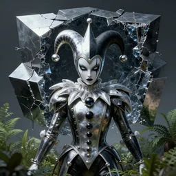 front shot of a court jester character mesmerizing fractal hyper cubes platinum cracked dark future hyper dimensional space galactic cryst edges elegant detailed concept artstation sharp focus ray tracing cinematic masterpiece fine portrait poly lush vegetation
