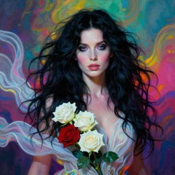 portrait of kate bush against a neon multicolored background, lush black hair, pale skin, white and red roses, flowing material, intricate, beautiful cinematic lighting, stunning painting by artgerm, norman rockwell, android jones, wadim kashin