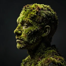 a man's face in profile, made of moss, in the style of the dutch masters and gregory crewdson, dark and moody