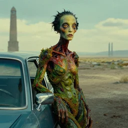 the strange creature waits by the car, made of Chlorophyll and blood, film still from the movie directed by Denis Villeneuve with art direction by Salvador Dalí, wide lens