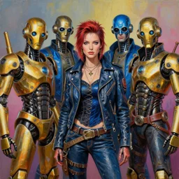 scifi steampunk shiny gold and blue robots biker characters standing together, professional group photo, psychedelic vibrant colors, futuristic punk rock fashion, oil painting by michael whelan art, perfect faces, sharp focus, detailed eyes, realistic, leather jacket, 8 k