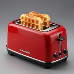 a red lamborghini brand toaster, toasted bread in toaster slots, eggo waffle inside toaster slot, aggressive angular design, bold lamborghini style with air scoops, heated coils, professional product shot