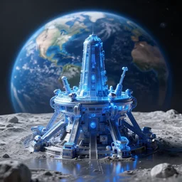 first moon colony, blue, human progress, human goods, earth on the background, rtx, volumetric light, 3 d artist, reflections, artstation, intricate details, 4 k resolution