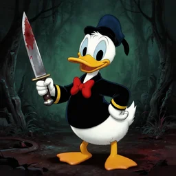 donald duck holding a bloody knife, in the style of silent hill