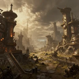 panoramic steampunk landscape concept art dynamic illumination, digital art by brown n 4