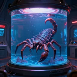 slimy wet cthulhu scorpion lovecraft alien tarantula blob monster trapped inside a large transparent science fiction mass effect glass containment chamber filled with blue liquid in a furnished science fiction spaceship laboratory, dramatic lighting, octane, red led lights, lens flare, trending on artstation, volumetric lighting — w 7 6 8