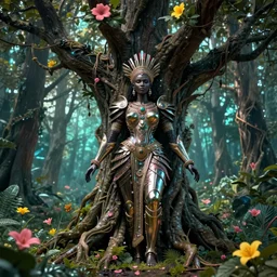 illustration neo - renaissance cinematic super expressive! yoruba goddess with exoskeleton armor, merging with tree in a forest, pink yellow flowers, highly detailed digital art masterpiece, smooth etienne sandorfi eric zener dramatic pearlescent soft teal light, ground angle uhd 8 k, sharp focus