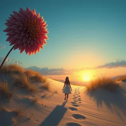 portrait, giant dahlia flower head, girl walking between dunes, surreal photography, sunrise, blue sky, dramatic light, impressionist painting, digital painting, artstation, simon stalenhag