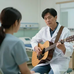 doctor playing guitar in front of patient at hospital