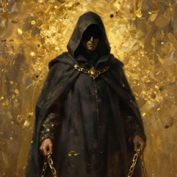 a portrait of a man wearing a long dark cloak, hood and shadows covering face, holding golden chains, oil painting, Volumetric Golden dappled dynamic lighting, Highly Detailed, Cinematic Lighting, Unreal Engine, 8k, HD