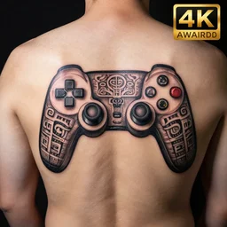 photograph of a back tattoo, black ink, intricate aztec stone pattern in the shape of a Playstation controller, highly-detailed, beautiful, award winning, 8k