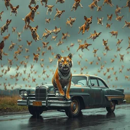thousand chihuauas floating in the sky, a tiger man next to an old car in the rain, camera from behind, trending in artsation, stefan koidl