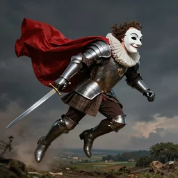 man wearing theater comedy mask flies over a landscape , he is wearing elizabethan boots and ruff, he is wearing a red billowing capelet draped over his shoulder, he is wearing steel pauldrons vambraces and gauntlets, he carries a shortsword in his left hand, dramatic theater lighting