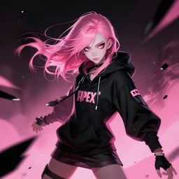 a pale skinny young girl, 1 8, with pink hair, in a black hoodie, and a cat, apex legends character, digital illustration portrait design, by android jones and greg rutkowski, black pink color scheme, detailed, cinematic lighting, wide angle action dynamic portrait
