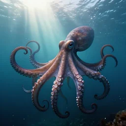 only one octopus in ocean, superwide angle, light through the mist, dramatic lighting, photorealistic, cinematic lighting, high detail, cinematic feel, high octane, 4 k, unreal engine, digital render, intricate, ultra realistic, concept art, one octopus