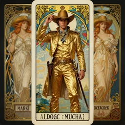 a dramatic ethereal epic symmetrical painting of a handsome light-skinned cowboy in a gold outfit | tarot card, art deco, art nouveau,  (steampunk), homoerotic, realistic | by Dresden Codak, by Mark Maggiori and ((((Alphonse Mucha))) | trending on artstation