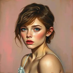 portrait of a beautiful girl,, intimate, pastel shades, beautiful face, rule of thirds, spotlight, expressive, passionate, by greg rutkowski, by jeremy mann, by francoise nielly, by vincent van gogh, oil painting, correct body proportion