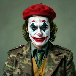 professional portrait of the joker wearing green camouflage and a red beret, 8 k, dslr, intricate, detailed,