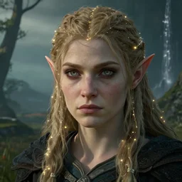 an ultra realistic, cinematic, fantasy, headshot portrait, of an elden ring elf, fairy lights, facial features, background of a vast serene landscape, with trees and waterfalls, detailed, deep focus, movie still, dramatic lighting, ray tracing, by michal karcz and yoshitaka amano