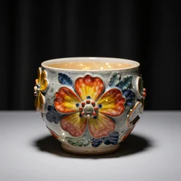 yayoi shino ceramic pot study with bold innovative floral organic shape, colorful, individual piece, black curtain background, lacquer, carved lacquer, bokeh, essence, tiny, nightlight, studio lighting, hard lighting