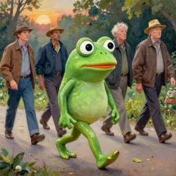 pepe the frog walking in summer dawn, norman rockwell, tim hildebrandt, wayne barlow, bruce pennington, larry elmore, oil on canvas, deep depth field, masterpiece, cinematic composition, hyper - detailed, hd, hdr