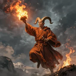 ram horned catholic monk brings fire down from the sky, medieval style, trending on artstation, highly detailed, digital painting, volumetric light, concept art, sharp focus, illustration