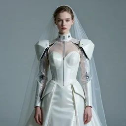 an early 0 0's aesthetic portrait of an european girl detailed features wearing a cyber latex wedding dress suit'utility - chic'techno - fashion trend - by issey miyake by ichiro tanida and mitsuo katsui
