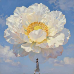 giant flower head, a woman walking, surreal, clouds in sky, impressionist painting, digital painting, artstation, rob gonsalves