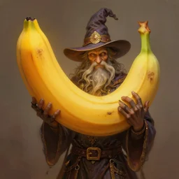 a anthropomorphic banana wizard, holding giant orange, diffuse lighting, fantasy, intricate, elegant, highly detailed, lifelike, photorealistic, digital painting, artstation, illustration, concept art, smooth, sharp focus, naturalism, trending on byron's - muse, by greg rutkowski and greg staples
