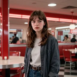 young sheryl lee in twin peaks : fire walk with me ( 1 9 9 2 ), lynchian surrealism, red diner, by atey ghailan, by greg rutkowski, by greg tocchini, by james gilleard, by joe fenton, by kaethe butcher, by ive freya, by ashley wood, dynamic lighting, gradient light blue, brown, blonde cream and white color scheme, grunge aesthetic