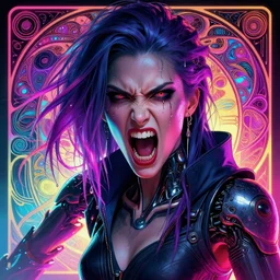 I have no mouth and i want to scream, cyberpunk angry gorgeous goddess, alterd carbon, shot from a movie, neon, fibonacci, sweat drops, insane, intricate, highly detailed, digital painting, artstation, concept art, smooth, sharp focus, illustration, Unreal Engine 5, 8K, art by artgerm and greg rutkowski and alphonse mucha
