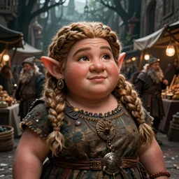illustration, chubby female dwarf commoner at the city market, elaborate braided hair, short plump robust woman, style by donato giancola, wayne reynolds, jeff easley, dark paradise, dramatic light, high detail, cinematic lighting, centered, artstation, dungeons and dragons, dragon age, lord of the rings
