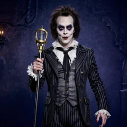 photoshoot of michael keaton as beetlejuice, in the style of tim burton, photos by annie leibovitz