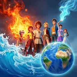air on top right corner, fire on top left of the image, water on bottom left and earth on bottom right elementals gathering by ralph horsley, rossdraws, ilvya kuvshinov, highly detailed illustration, pixar, maya, engine, artstation