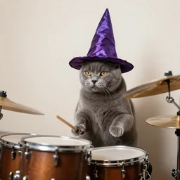 gray cat playing the drums in a cheesy wizard hat