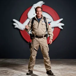 detailed ultrarealistic medium shot photography of nicholas cage ghostbuster cinematic full body shot