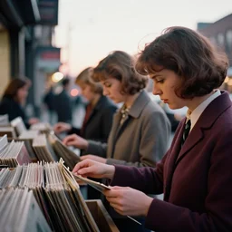 photoreal close up documentary style cinematography from a 1 9 6 9 national film board of canada film about beautiful toronto women shopping for records shot on eastman 7 2 5 4 1 6 mm film with a cooke panchro 6 5 mm macro lens at magic hour