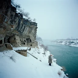 photo of green river, wyoming, native american cliff dwellings, covered in ice and snow, during a snowstorm. a old man in a trench coat and a cane appears as a hazy silhouette in the distance, looking back over his shoulder. cold color temperature. blue hour morning light, snow storm. hazy atmosphere. humidity haze. kodak ektachrome, greenish expired film, award winning, low contrast.