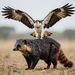 nature photography of an animal with the body of a coatimundi, head of an osprey, wings of a bateleur, national geographic, award winning, hd, hq,
