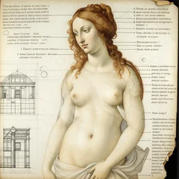 Detail of the painting Venus by Botticelli made from layers of technical drawings and architectural plans, very detailed and intricate with callout texts, leaders, arrows and bubbles