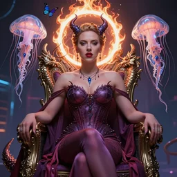 Scarlett Johansson as a succubus queen portrait, on a throne, high tech, cyberpunk, dystopian, jellyfish phoenix dragon, butterfly squid, burning halo, intricate artwork by Conrad Roset and Brooke Shaden, very coherent symmetrical artwork, cinematic, hyper realism, high detail, octane render, unreal engine, 8k, Vibrant colors, Smooth gradients, High contrast, depth of field,