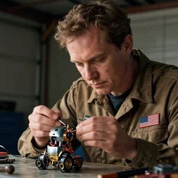 cinematography closeup portrait of a Man soldering repairing robot parts in his garage by Neil blomkamp