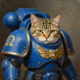 a portrait of a cat as a Space Marine from the Warhammer 40k, ultramarine space marine cat, blue armor, glorious, masterpiece painting by Rembrandt. The armour shoulder pad has painted an omega symbol