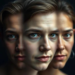 a human with three different faces each with a different expression. close - up, sharp focus, bokeh, high quality photograph, sigma 5 5 mm f / 8, studio lighting