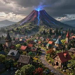 magical fantasy town on bioluminescent volcano, quaint vibes, epic fantasy, artstation + ultra hd render + 4 k uhd + immense detail + very crisp and clear image